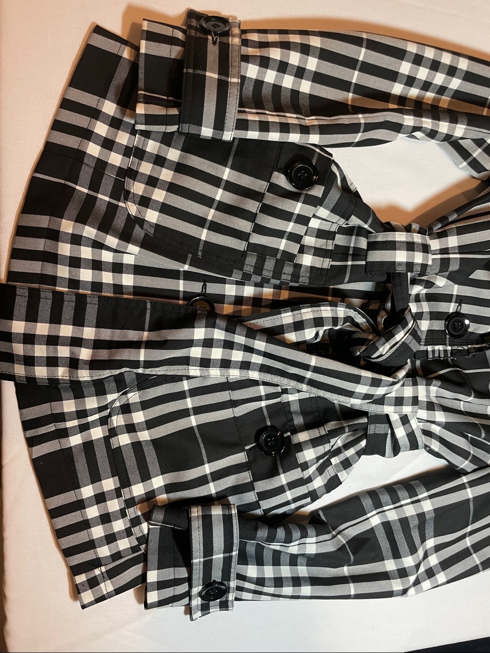 Black & White Plaid Trench Coat with Belt - Picture 7 of 12
